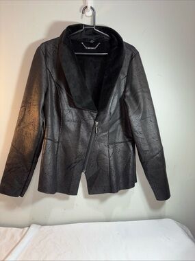 White Black Women's Black Faux Leather Asymmetrical Zip Jacket. 877